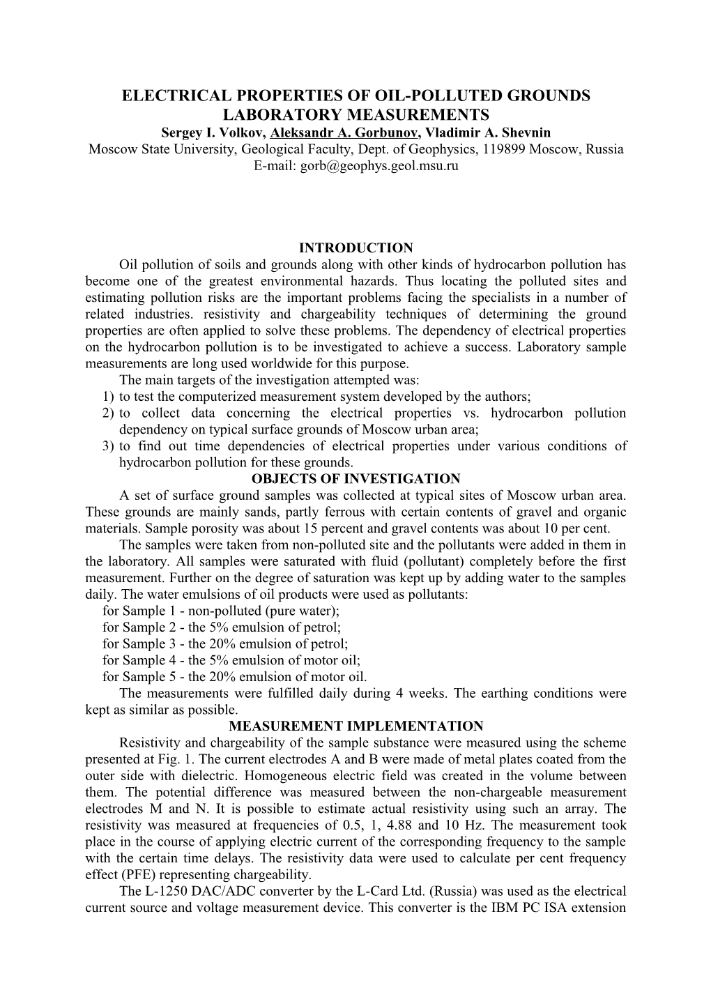 Electrical Properties of Oil-Polluted Grounds Laboratory Measurements