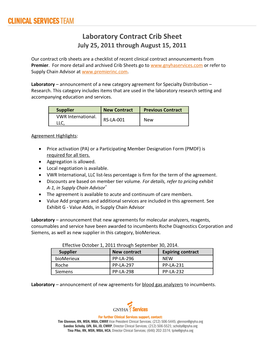 Laboratory Contract Crib Sheet