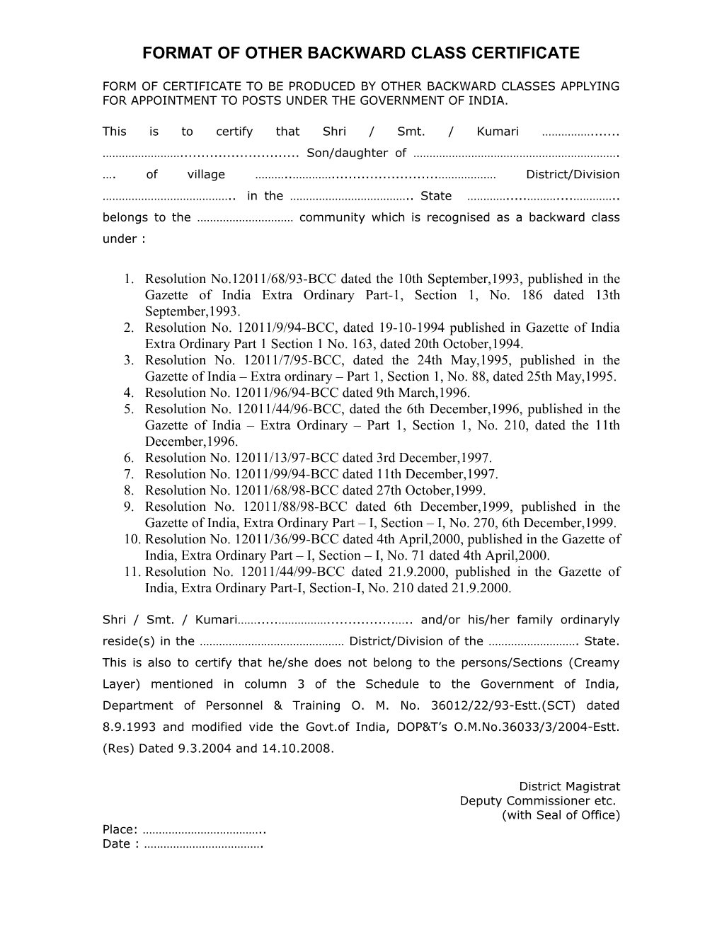 Format of Other Backward Class Certificate