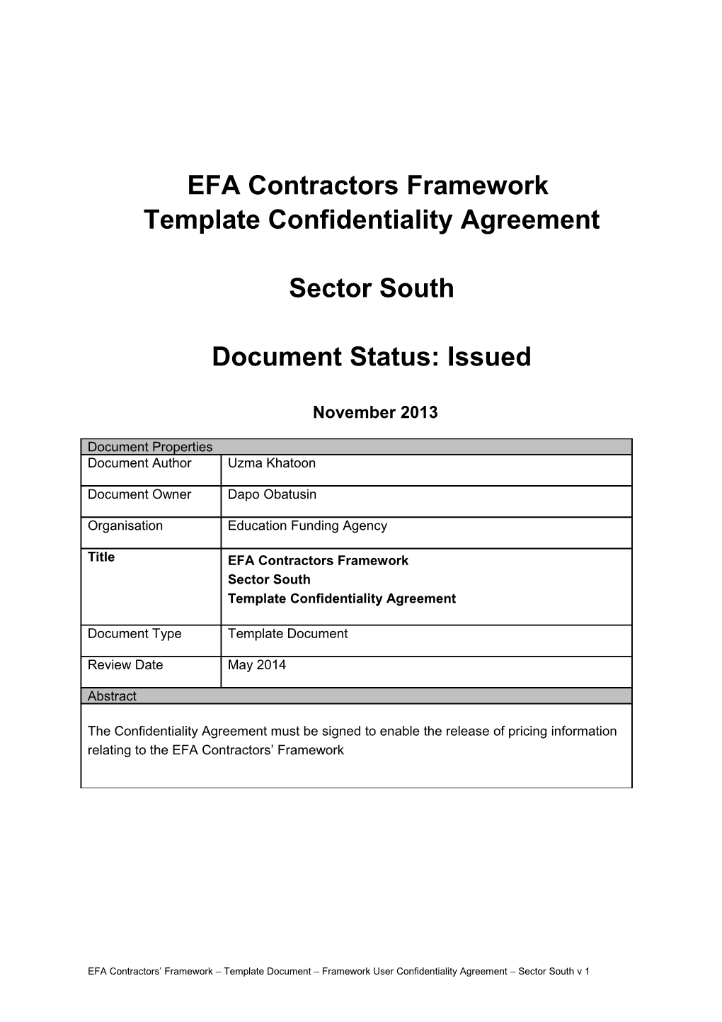 Pfs Contractors' Framework Confidentiality Agreement Sector South Template Updated June 2011