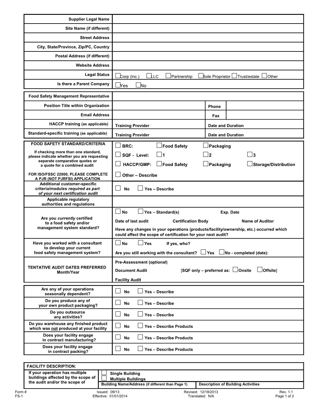 Food Safety Certification Questionnaire/Client Application