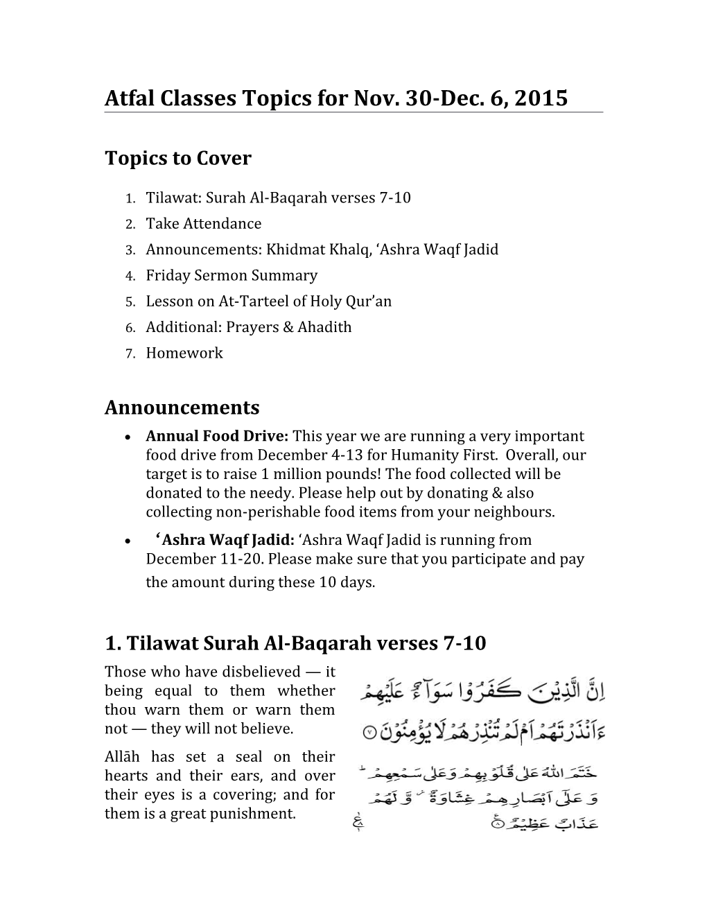 Atfal Classes Topics for Nov. 30-Dec. 6, 2015