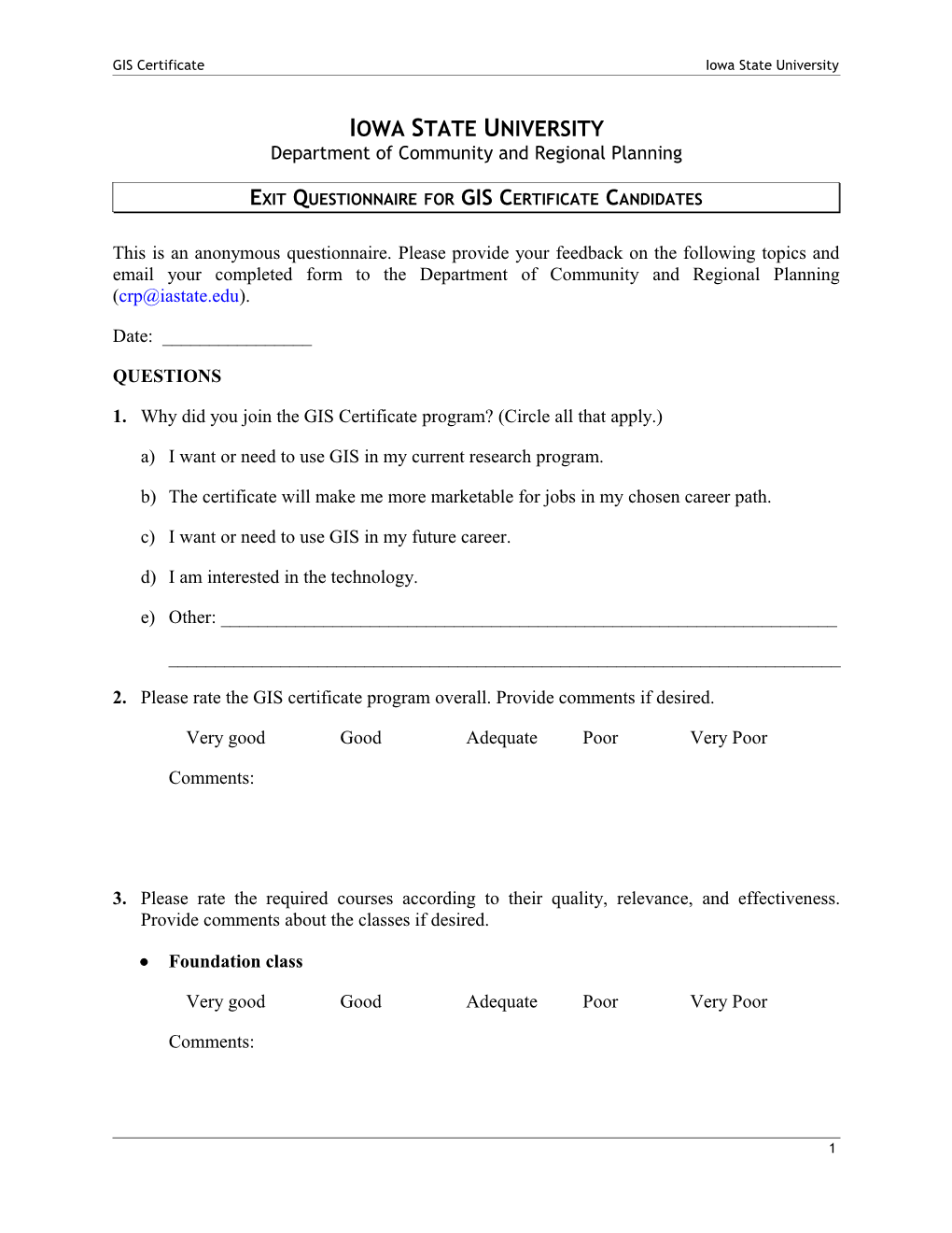 Exit Questionnaire for GIS Certificate Candidates