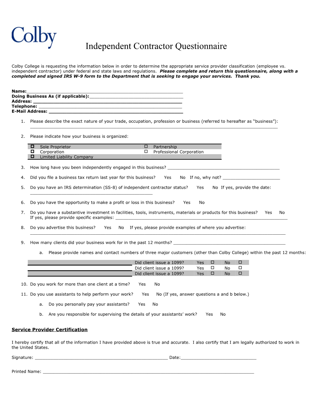 Independent Contractor Questionnaire