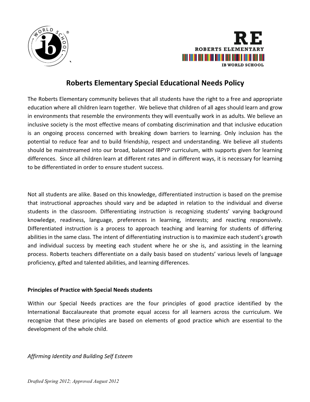 Roberts Elementary Special Educational Needs Policy