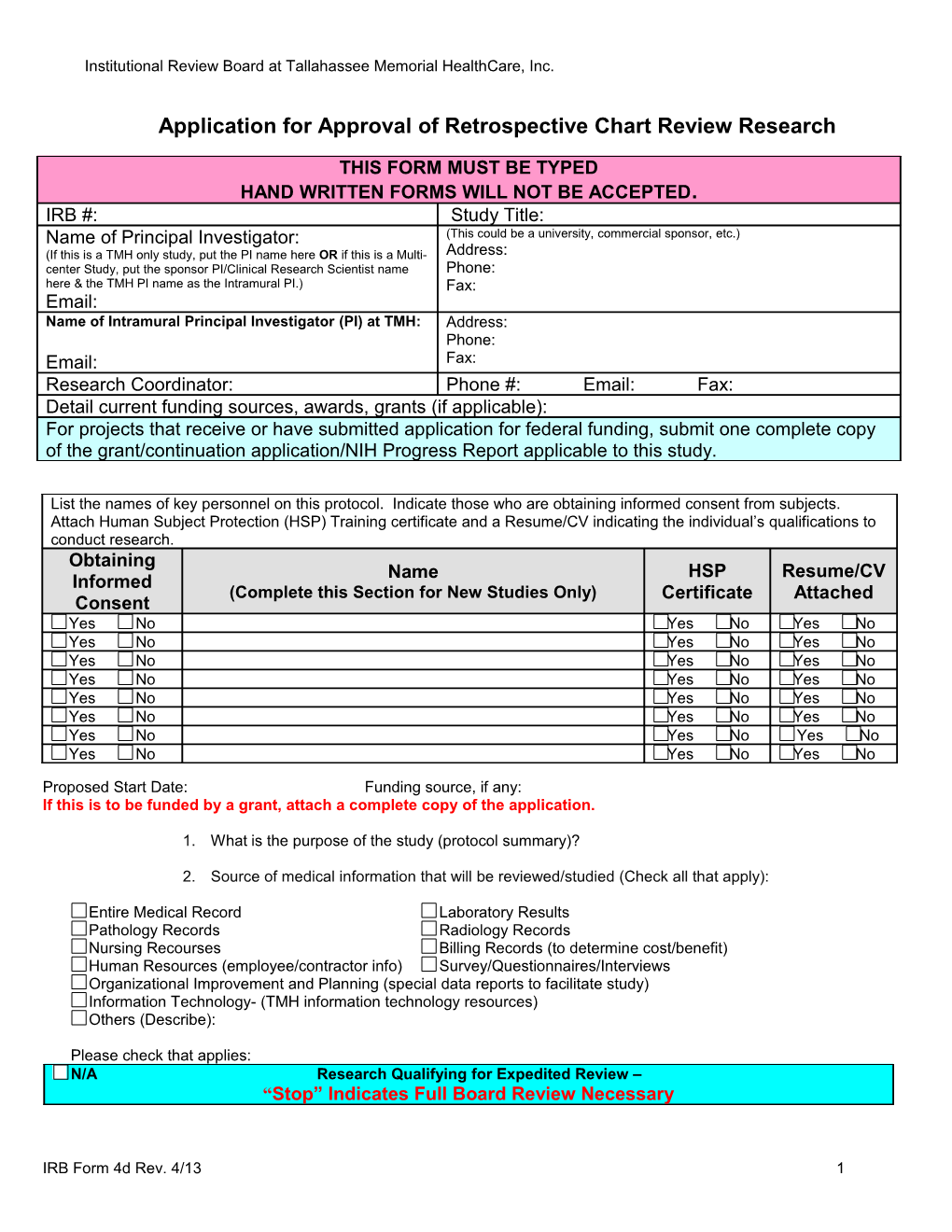 Application for Approval of Retrospective Chart Review Research