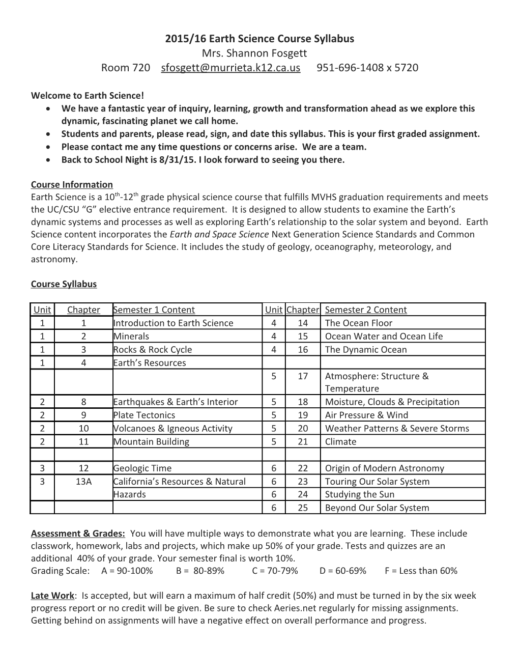 Earth Science Course Syllabus