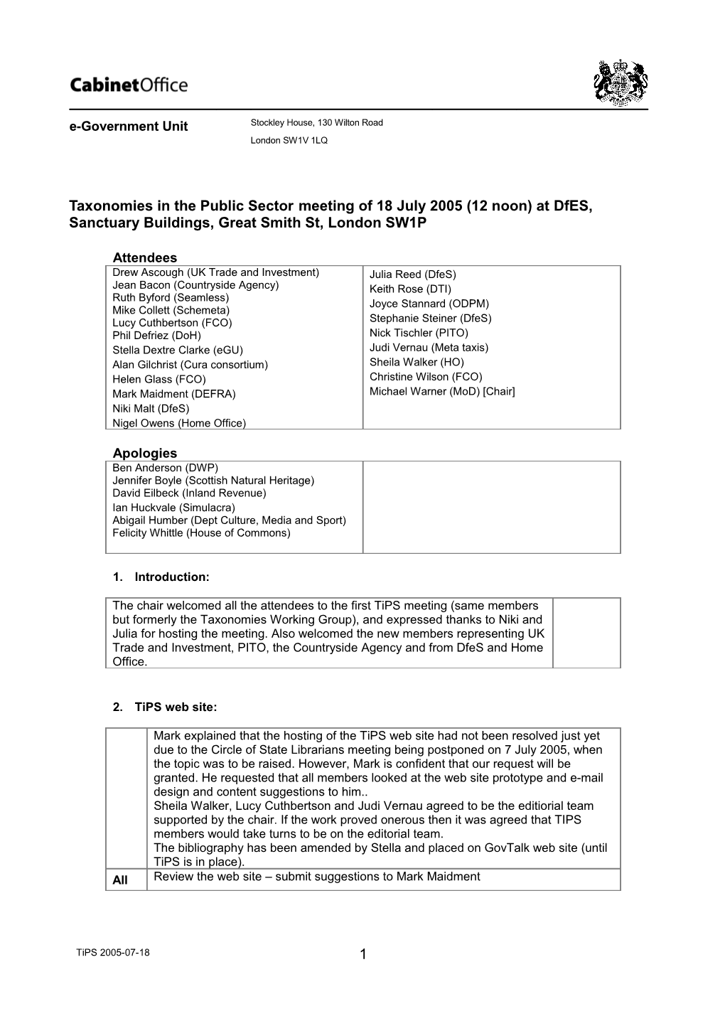 Taxonomies in the Public Sector Minutes 18 July 2005