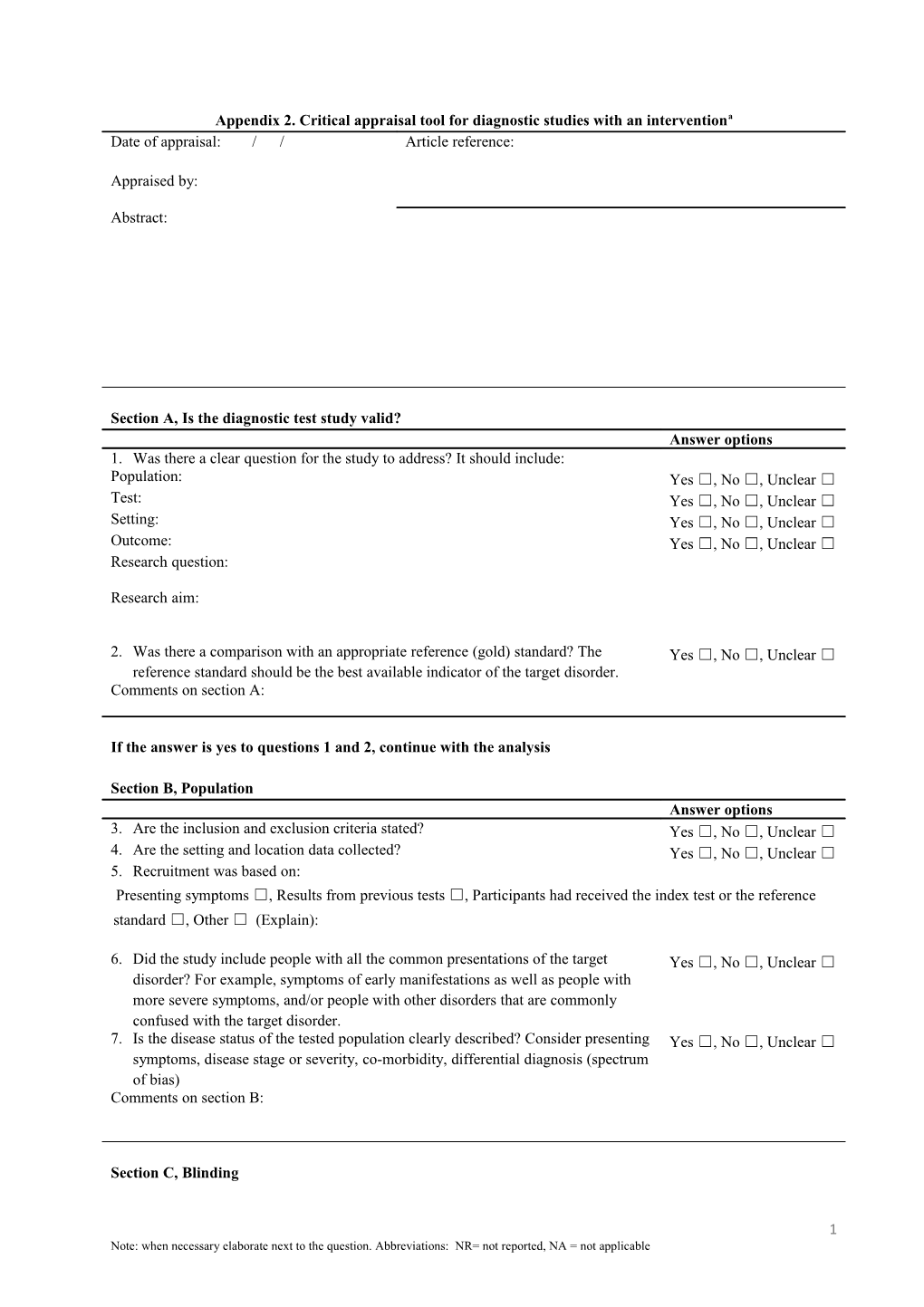 Appendix 2. Critical Appraisal Tool for Diagnostic Studies with an Interventiona