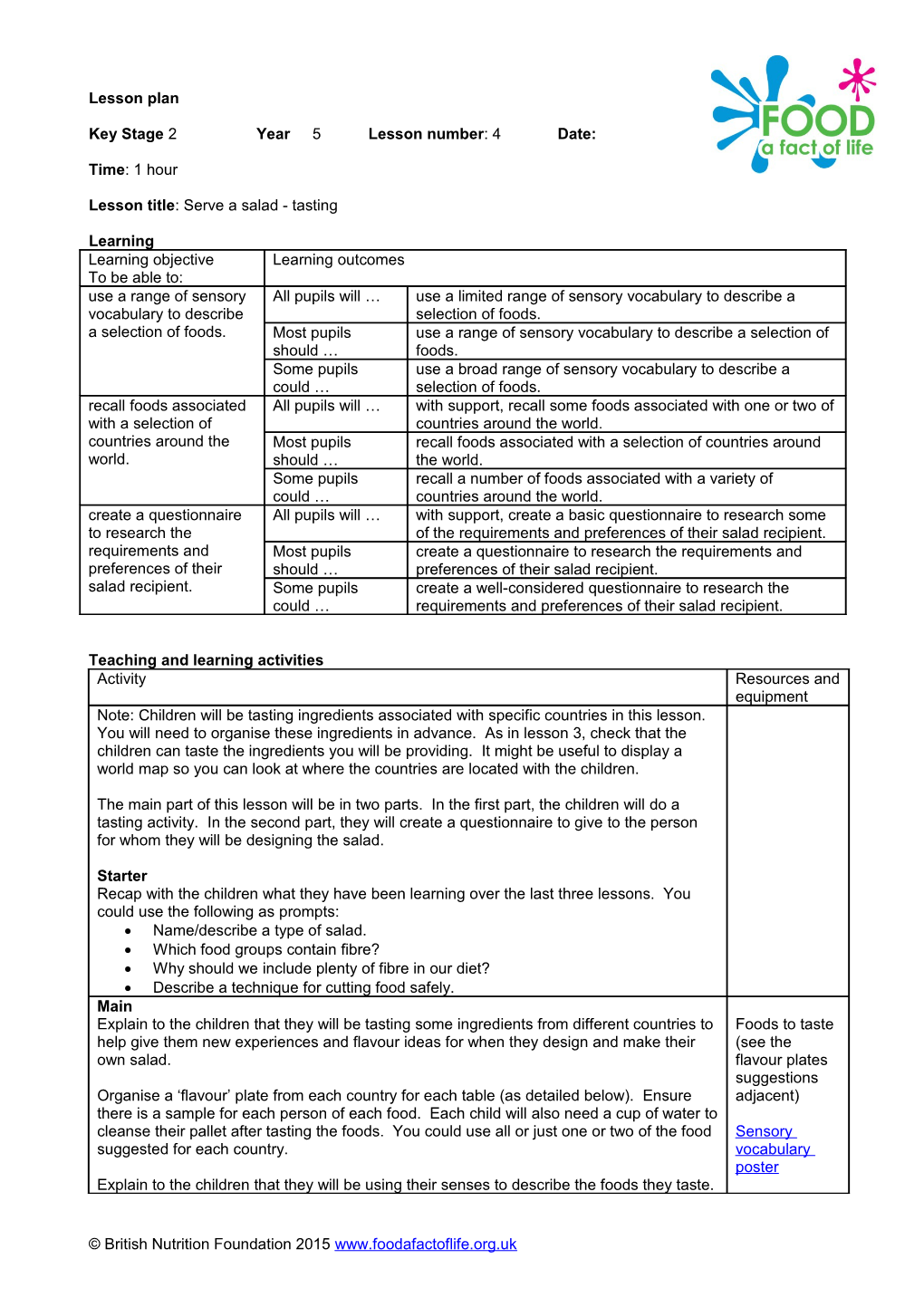 Key Stage 2 Year 5 Lesson Number: 4 Date