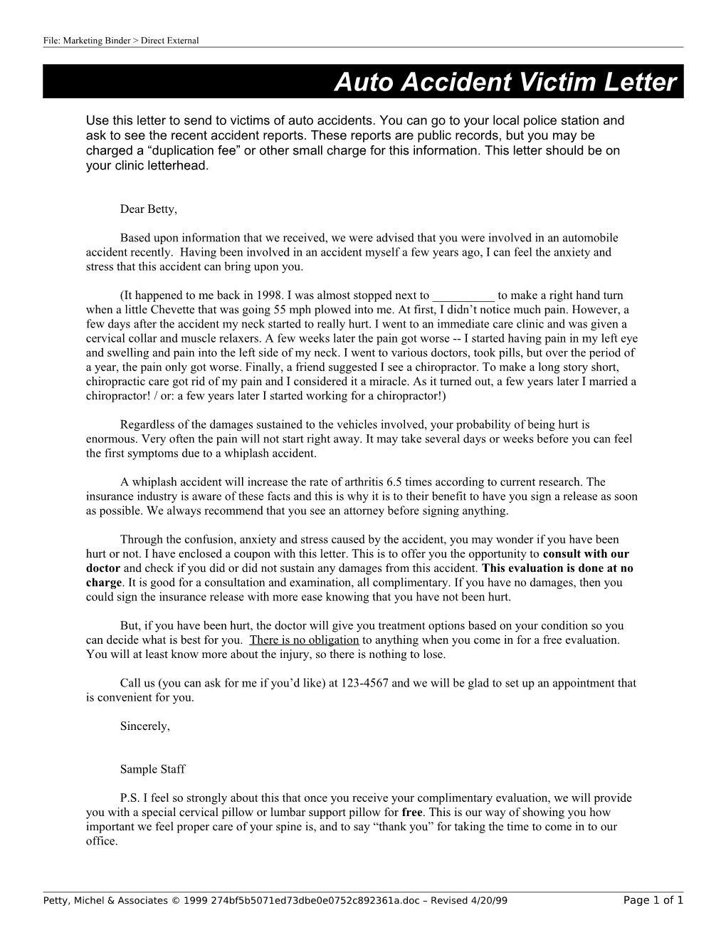 Auto Accident Victim Letter