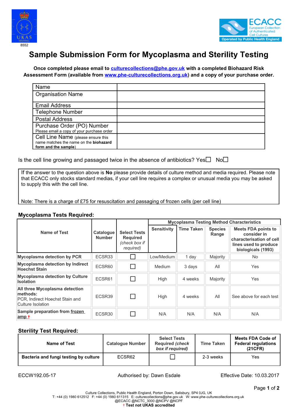 Sample Submission Form for Mycoplasma and Sterility Testing