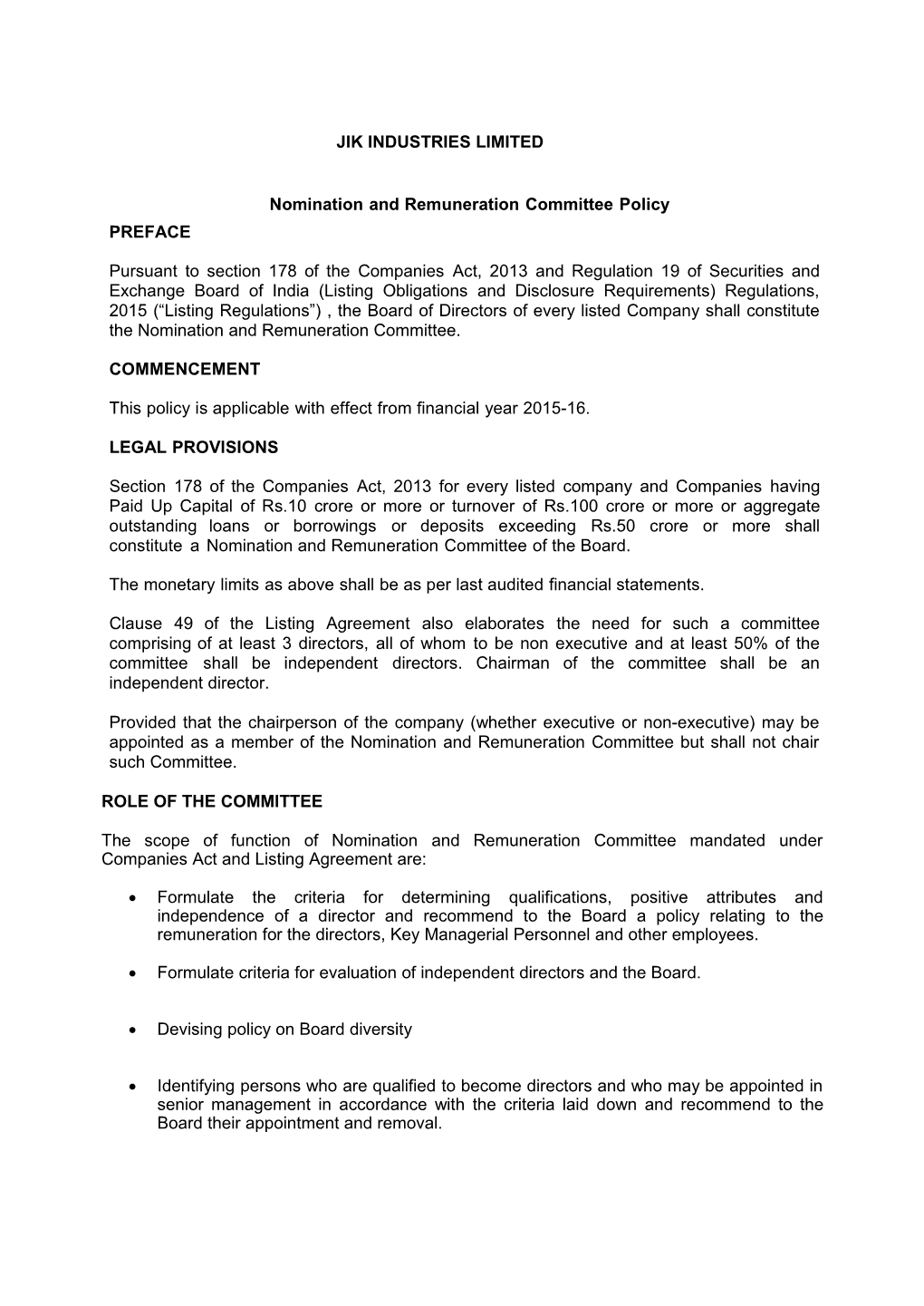 Nomination and Remuneration Committee Policy