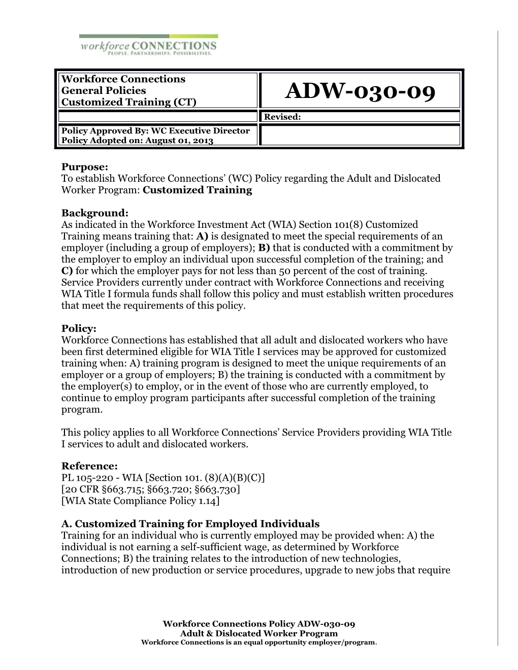 To Establish Workforce Connections (WC) Policy Regarding the Adult and Dislocated Worker