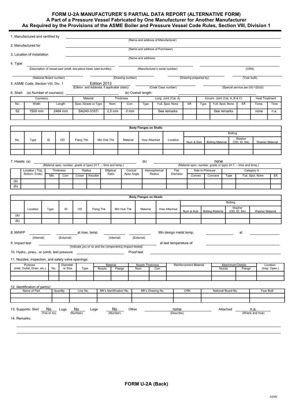 Form U-1 Manufacturer S Sata Report for Presseure Vessels