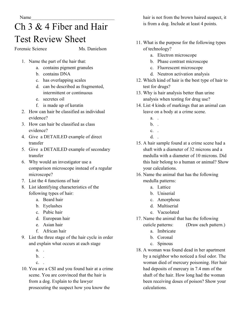 Ch 3 & 4 Fiber and Hair Test Review Sheet