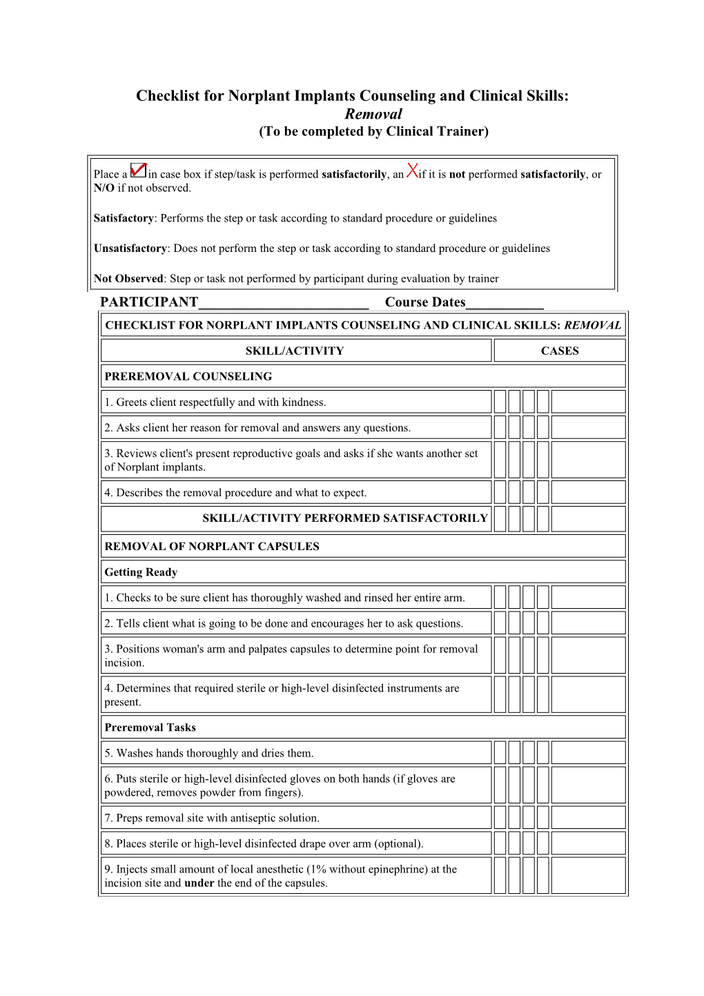 Checklist for Norplant Implants Counseling and Clinical Skills: Removal