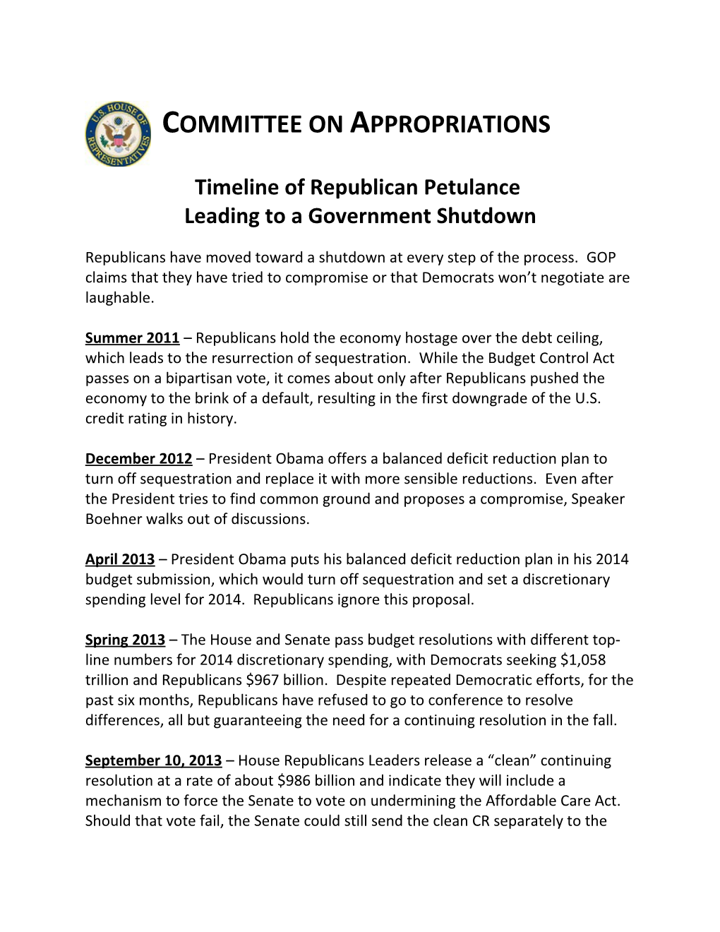 Timeline of Republican Petulance Leading to a Government Shutdown