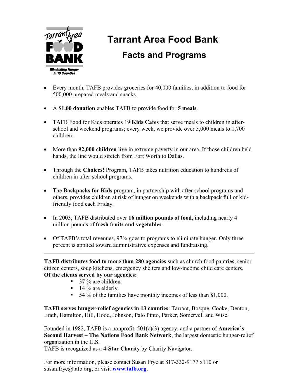 Tarrant Area Food Bank Backgrounder