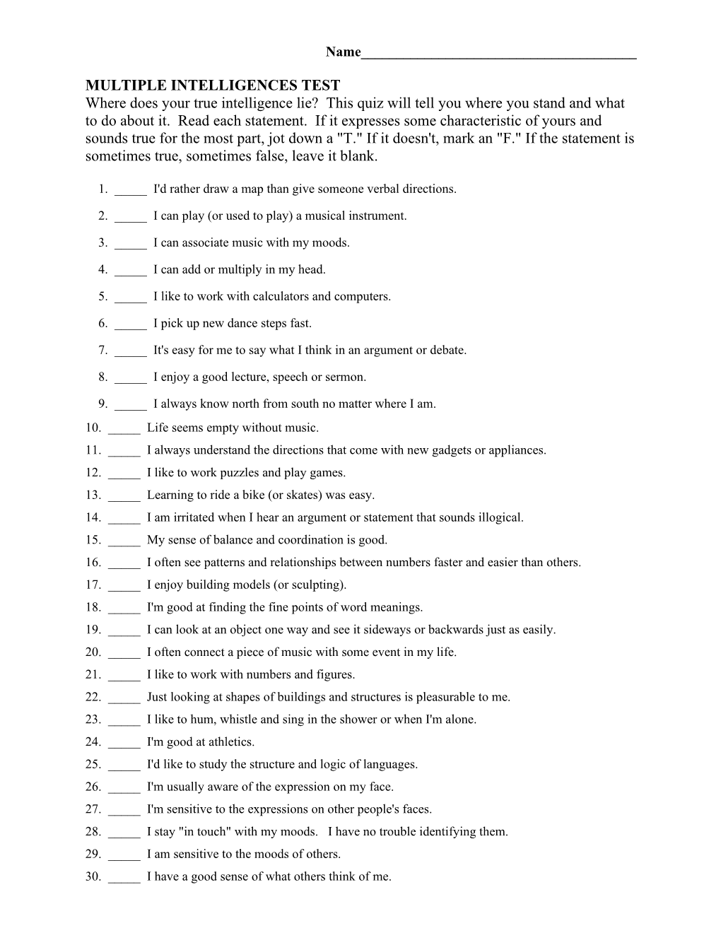 Multiple Intelligences Test