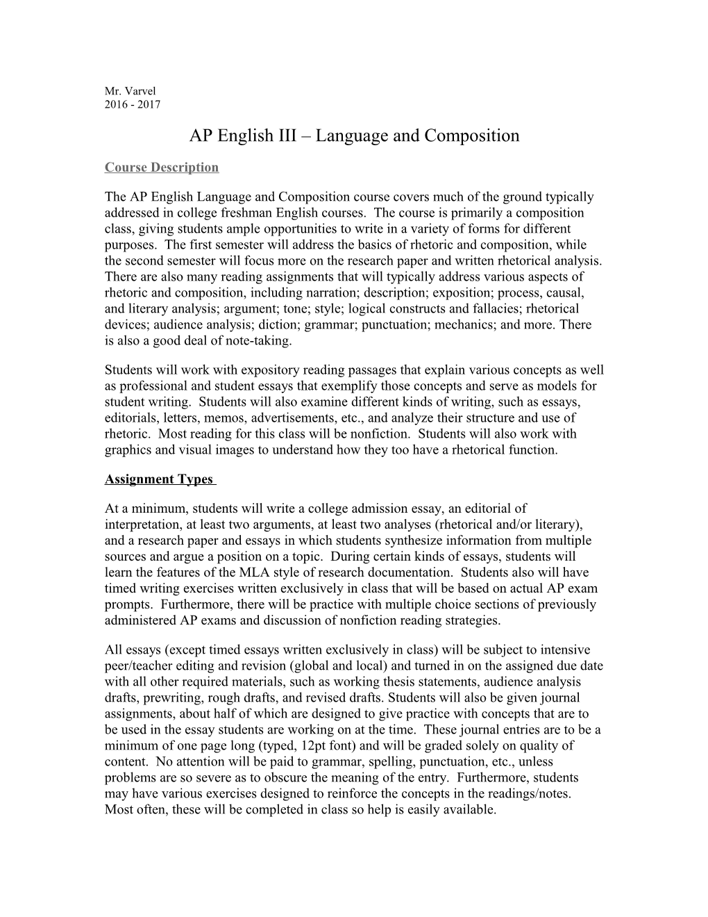 AP English III Language and Composition