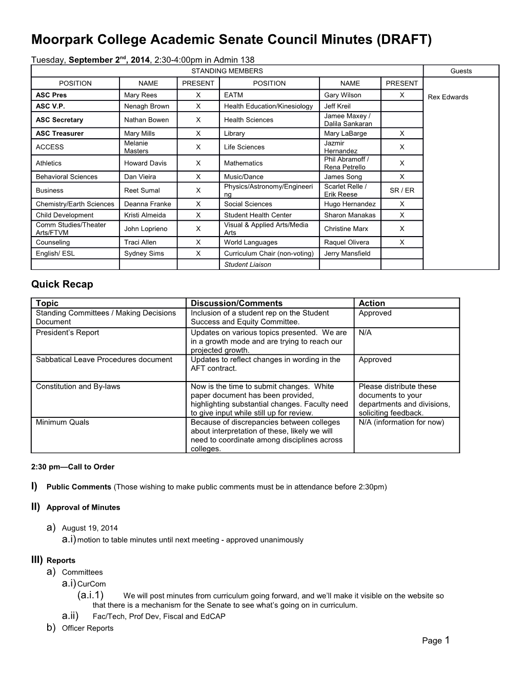 Moorpark College Academic Senate Council Minutes (DRAFT)