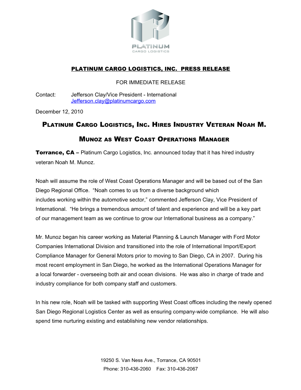 For Immediate Release s385