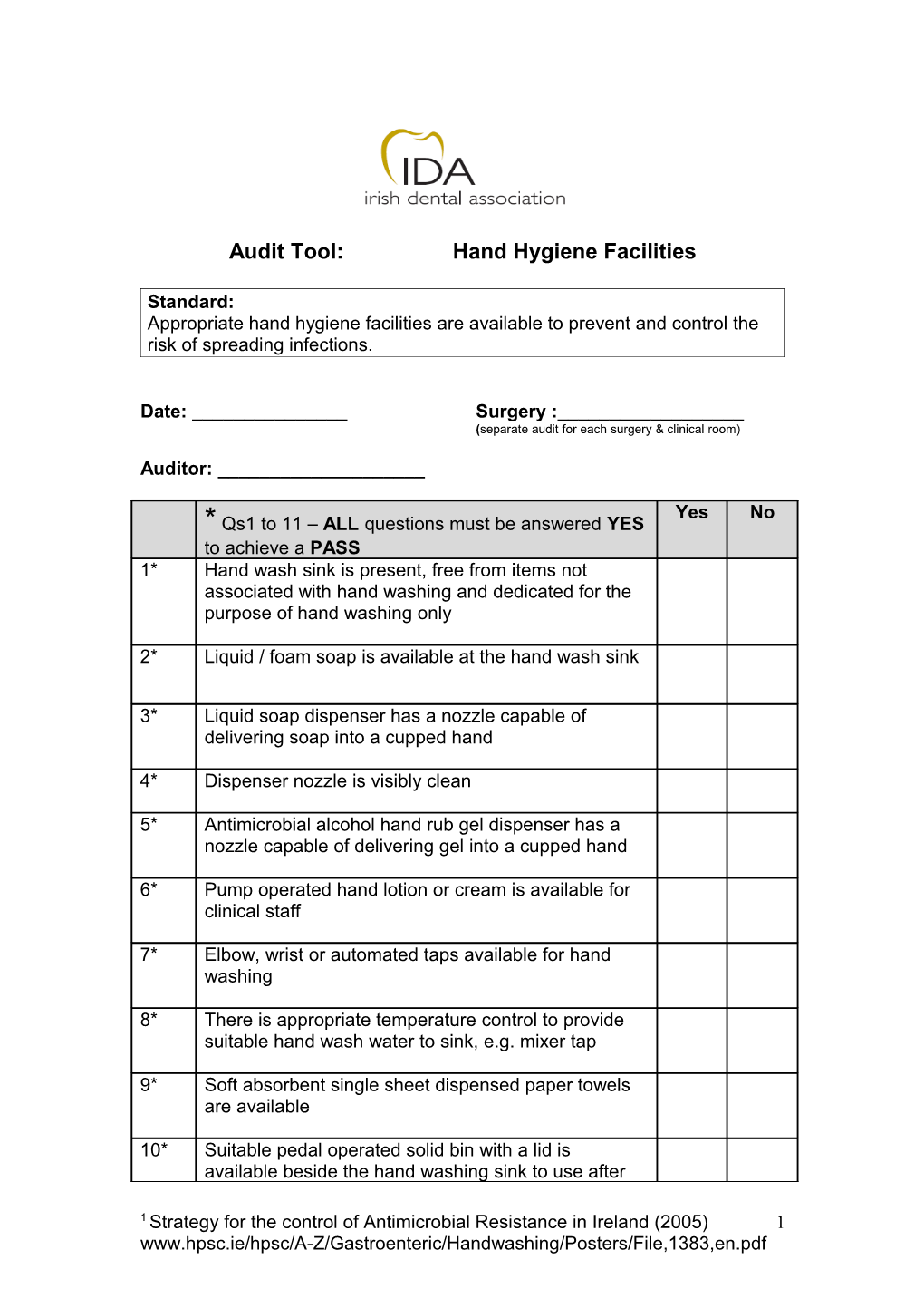 Audit Tool: Hand Hygiene Facilities