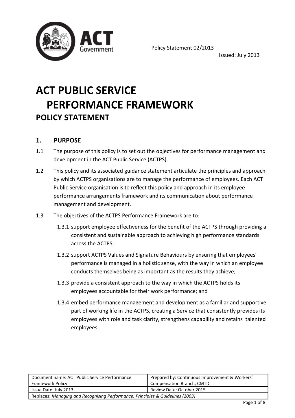 Act Public Service Performance Framework Policy Statement