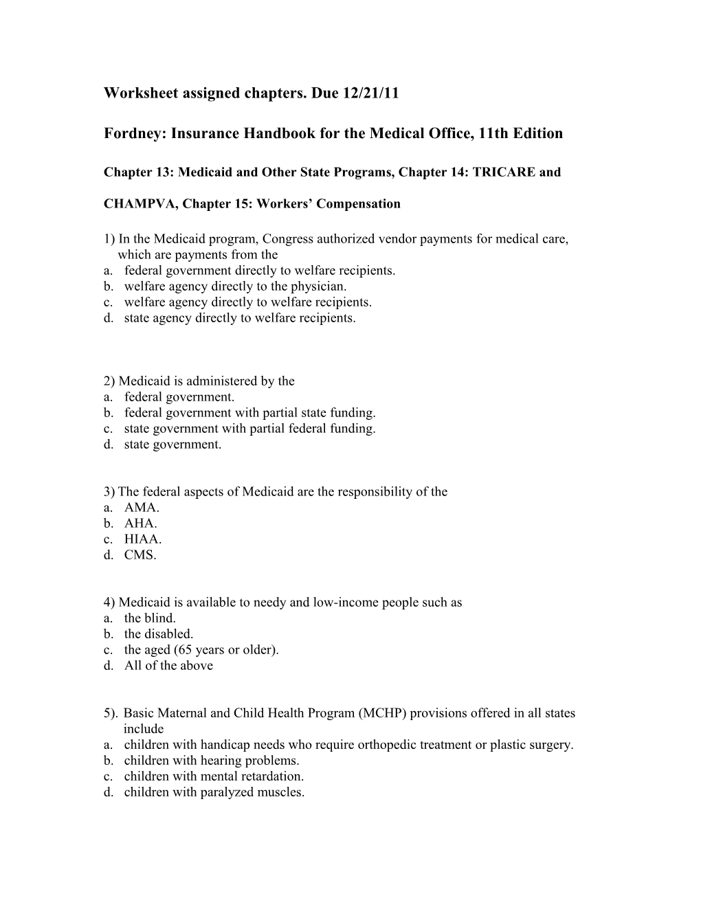 Instructor Key/ Worksheet Assigned Chapters