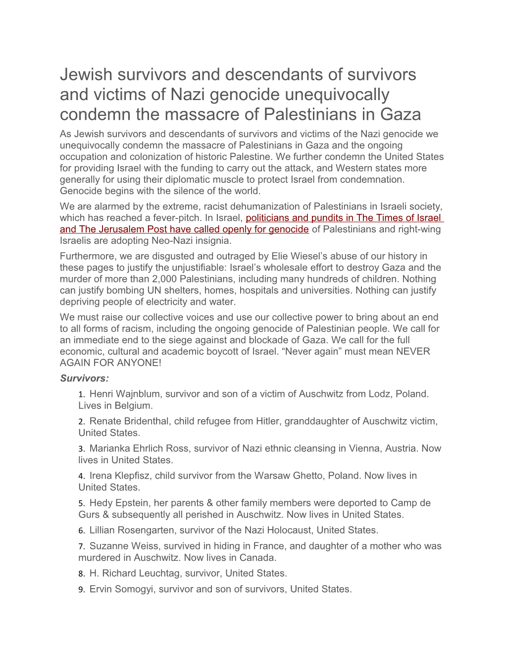 Jewish Survivors and Descendants of Survivors and Victims of Nazi Genocide Unequivocally