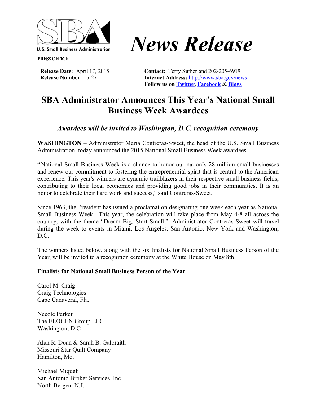 SBA Administrator Announces This Year S National Small Business Week Awardees