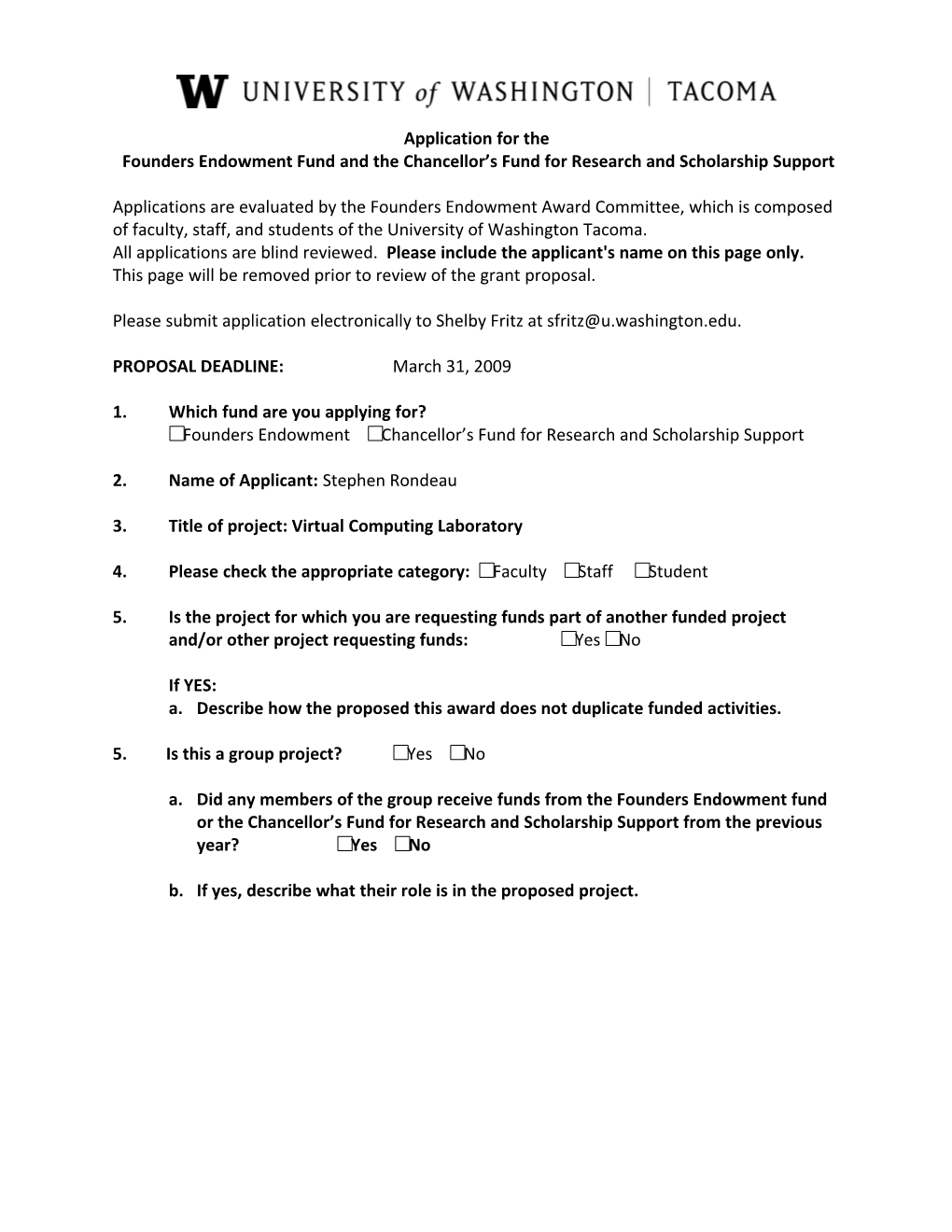 Founder's Endowment Application Form