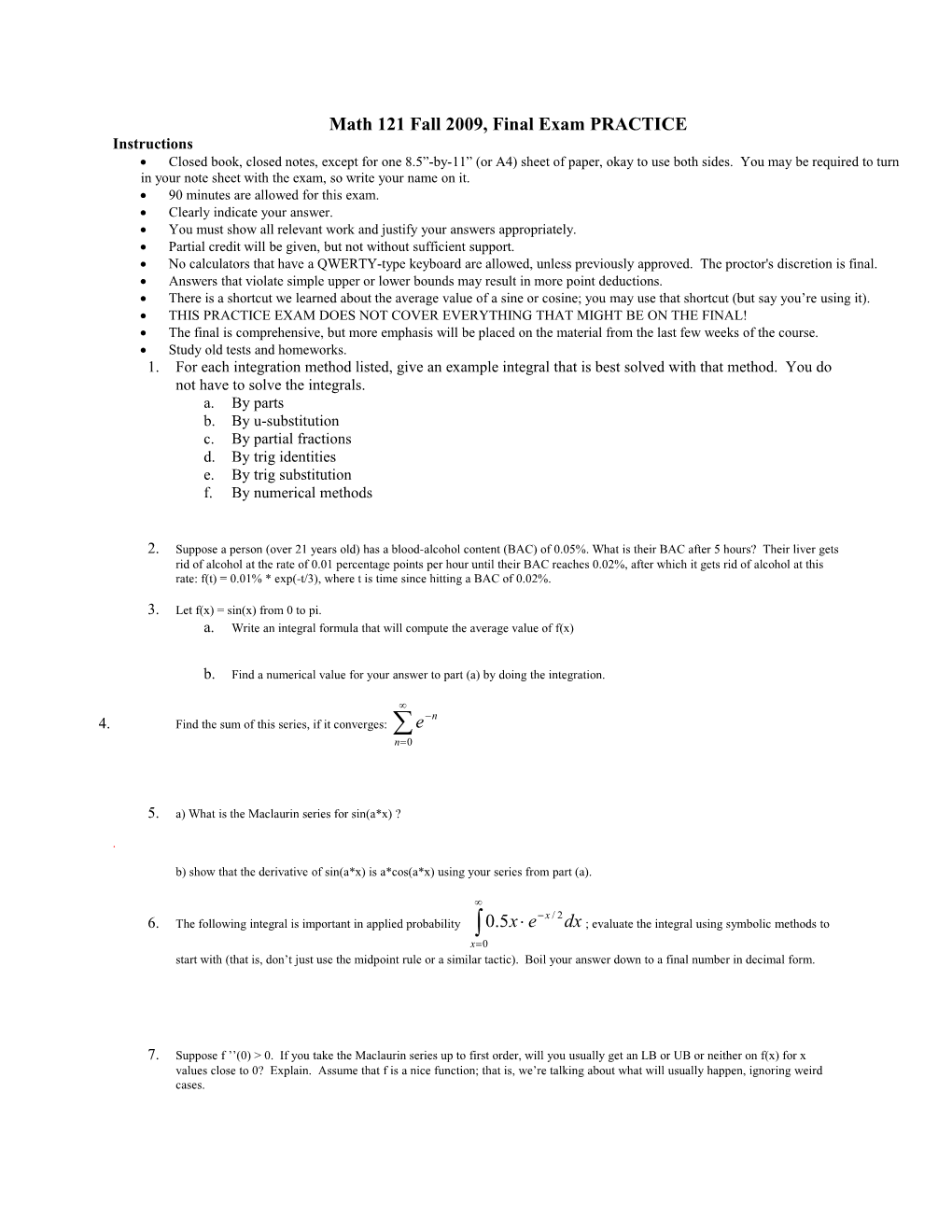 Math 110 Sections 2 and 4, Winter 2007, Midterm 3 Practice