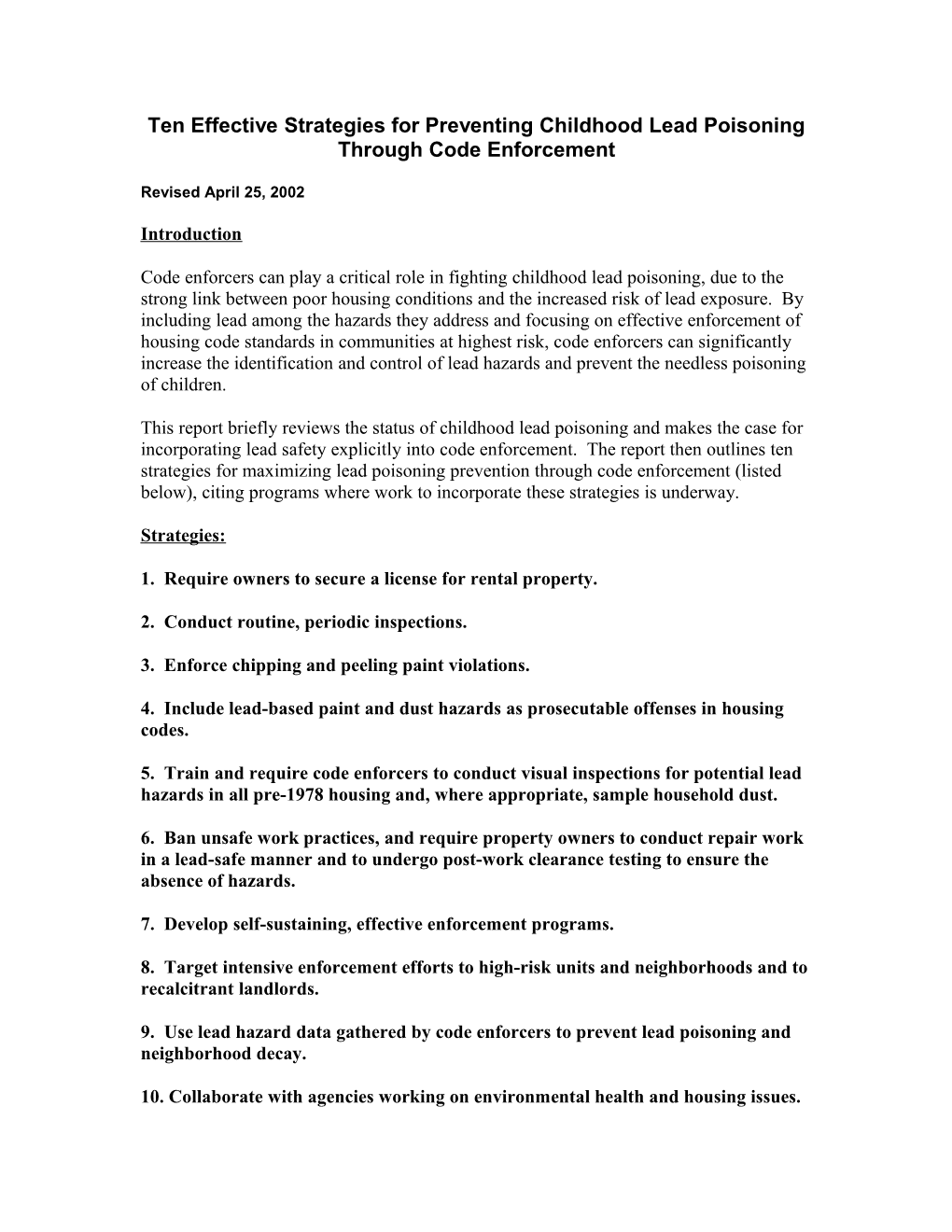 Ten Effective Strategies for Preventing Childhood Lead Poisoning Through Code Enforcement