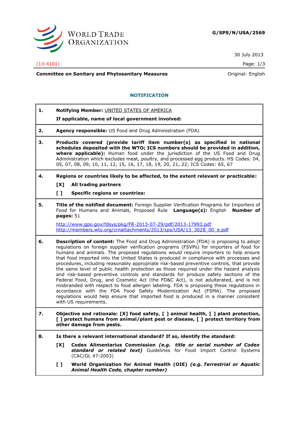 FDA Food Safety Modernization Act at (G/SPS/N/USA/2156)