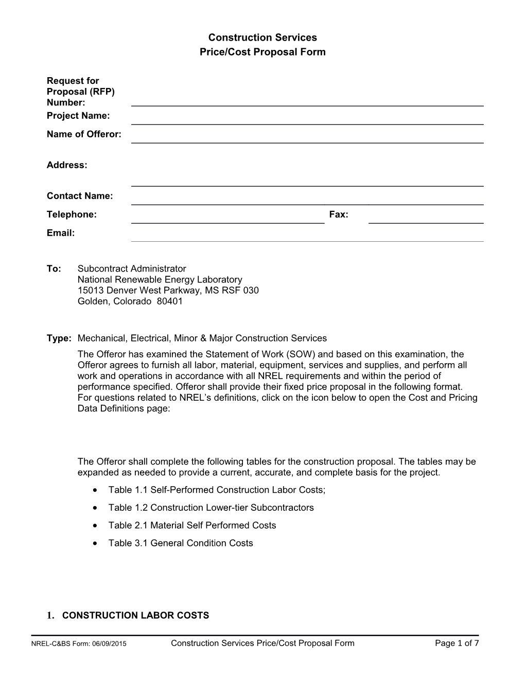 Construction Services Price/Cost Proposal Form