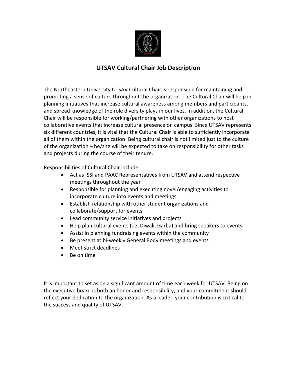 UTSAV Cultural Chair Job Description
