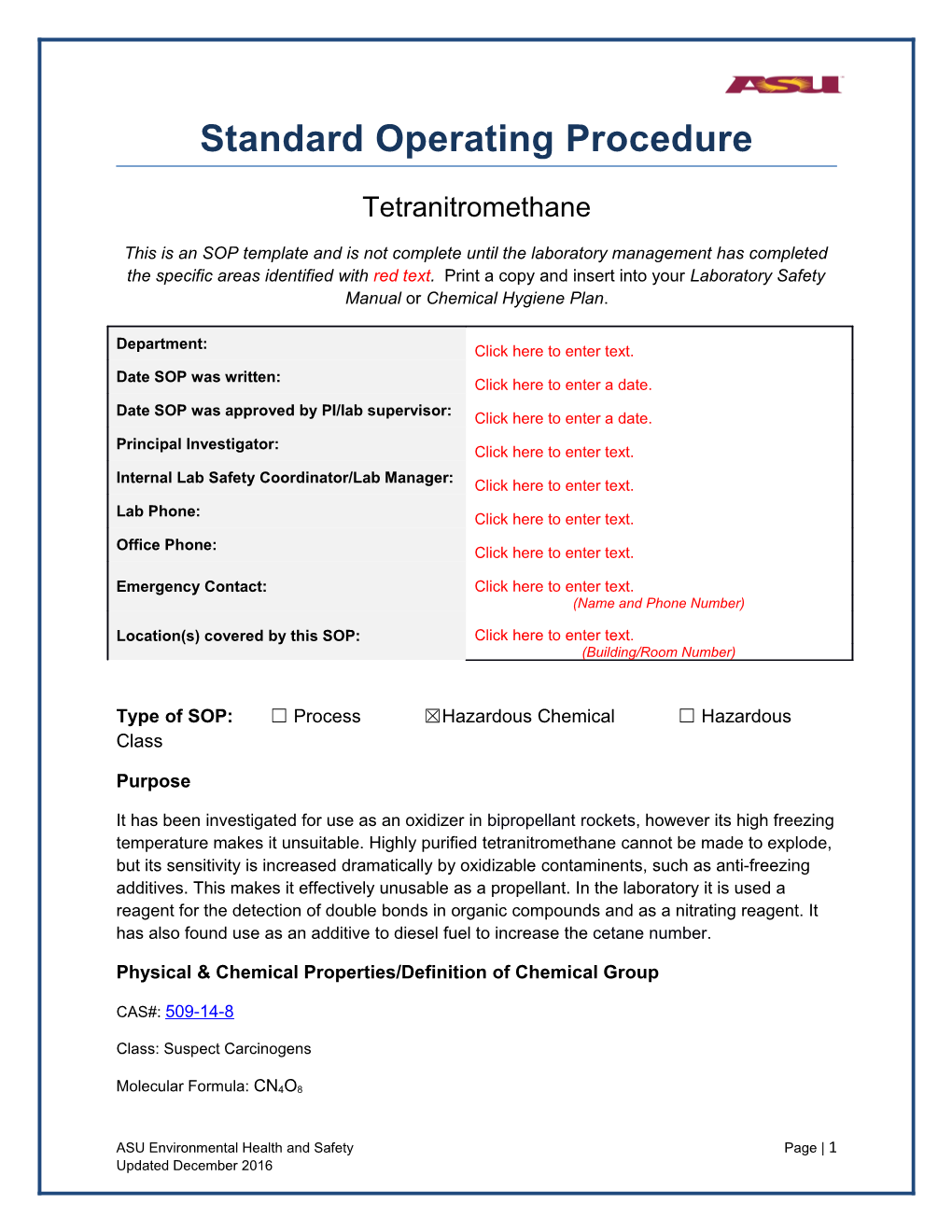 Type of SOP: Process Hazardous Chemical Hazardous Class s3