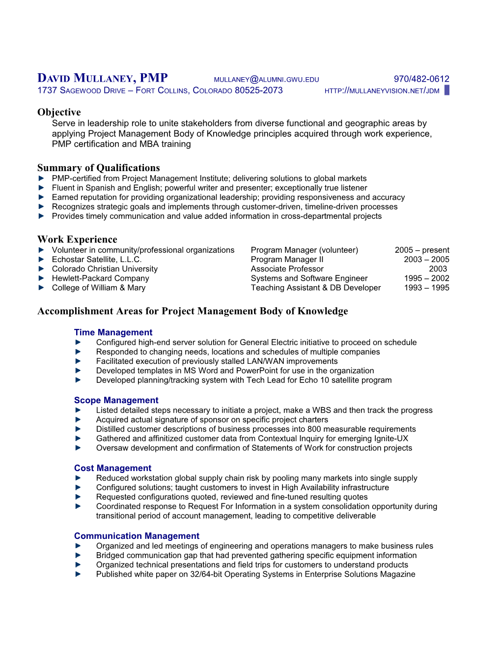 David Mullaney, Pmp (970-482-0612) Page 2