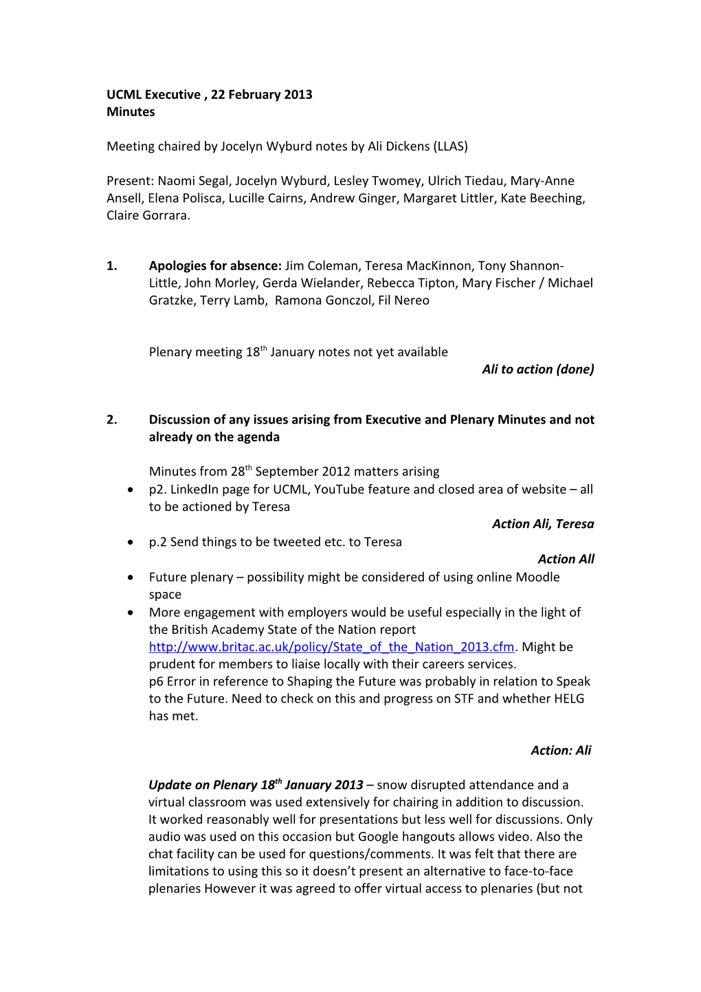 UCML Executive Agenda, 24 February 2012