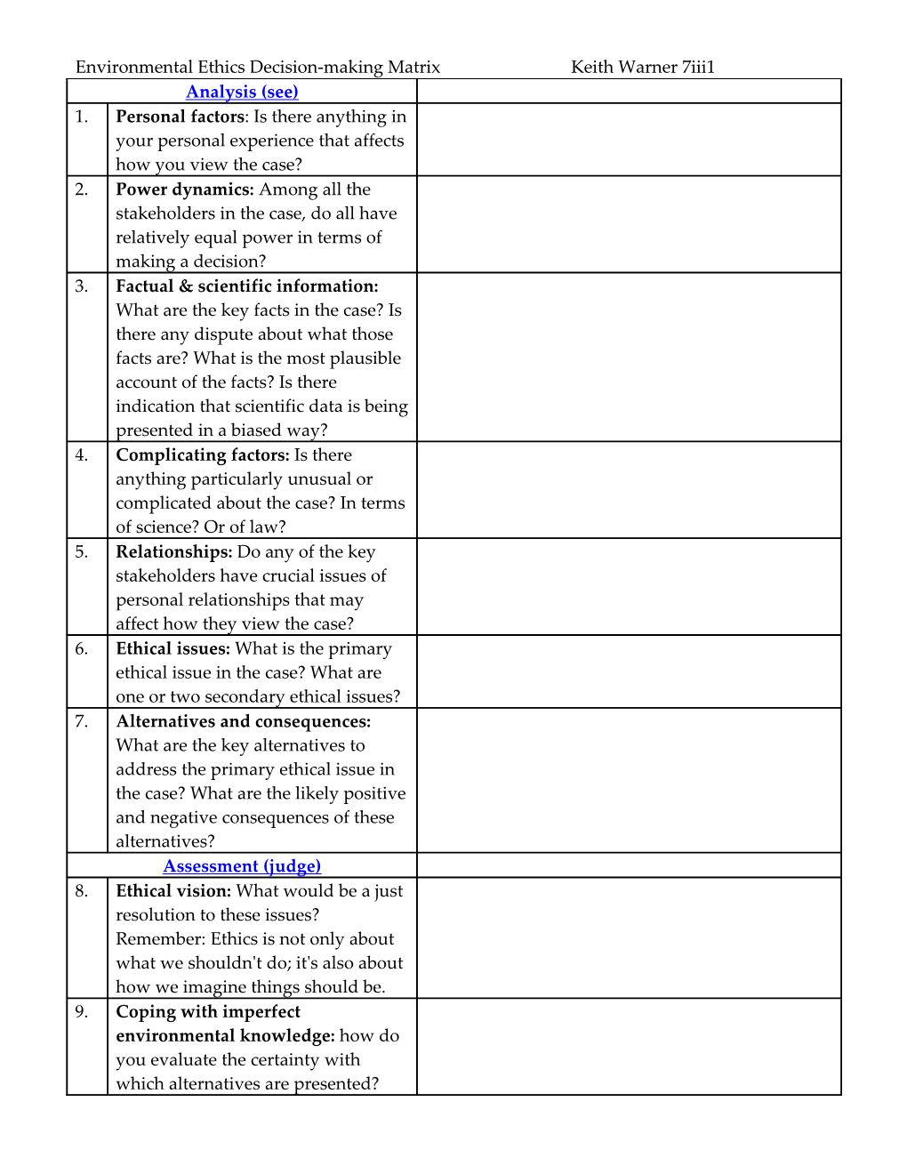 Environmental Ethics Decision-Making Matrixkeith Warner 7Iii1