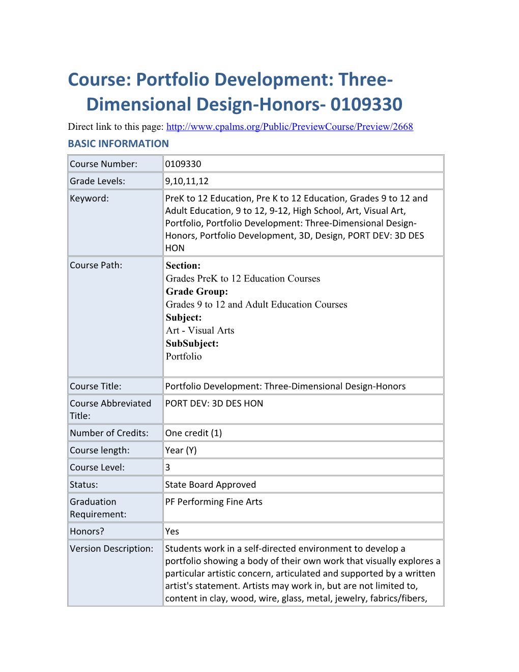 Course: Portfolio Development: Three-Dimensional Design-Honors- 0109330