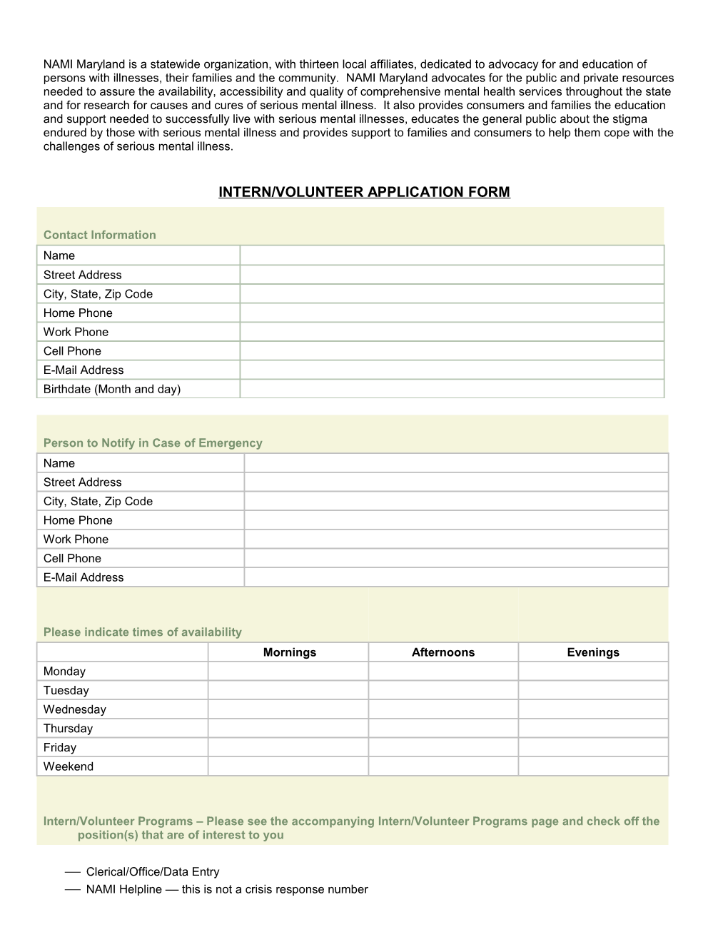 Intern/Volunteer Application Form