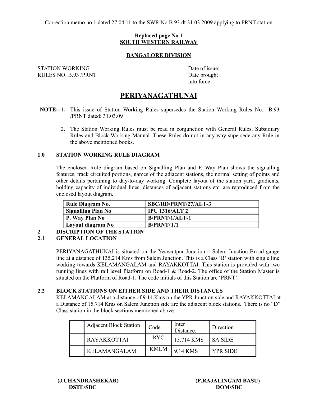 Correction Memo No.1 Dated 27.04.11 to the SWR No B.93 Dt.31.03.2009 Applying to PRNT Station