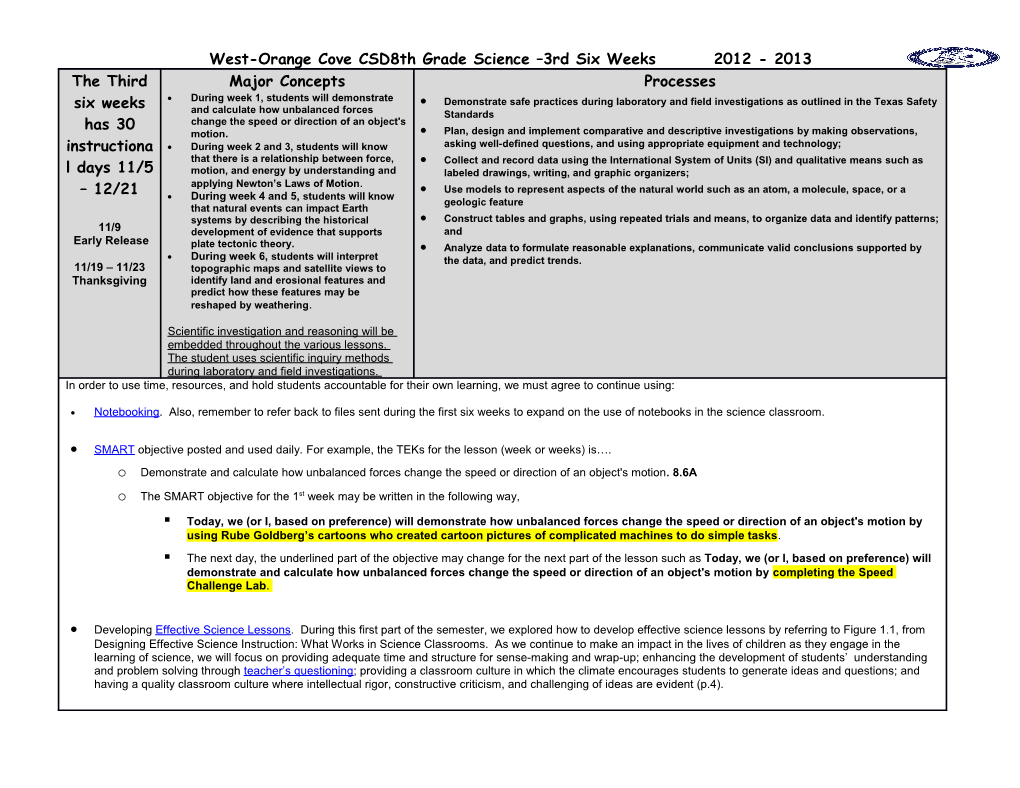 West-Orange Cove CSD	8Th Grade Science 3Rd Six Weeks	2012 - 2013