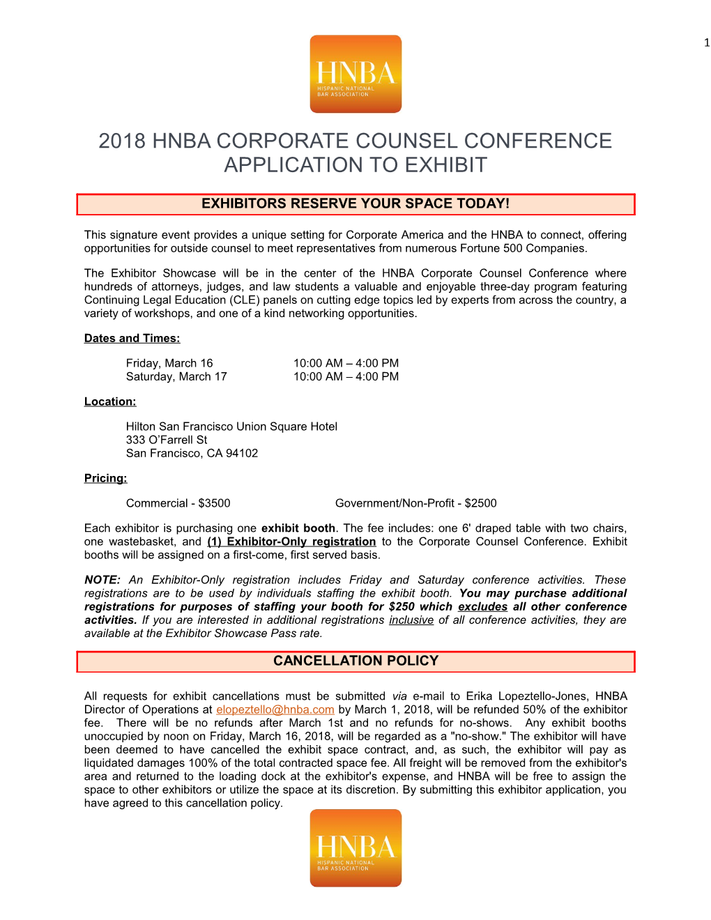 2018 Hnba Corporate Counsel Conference Application to Exhibit