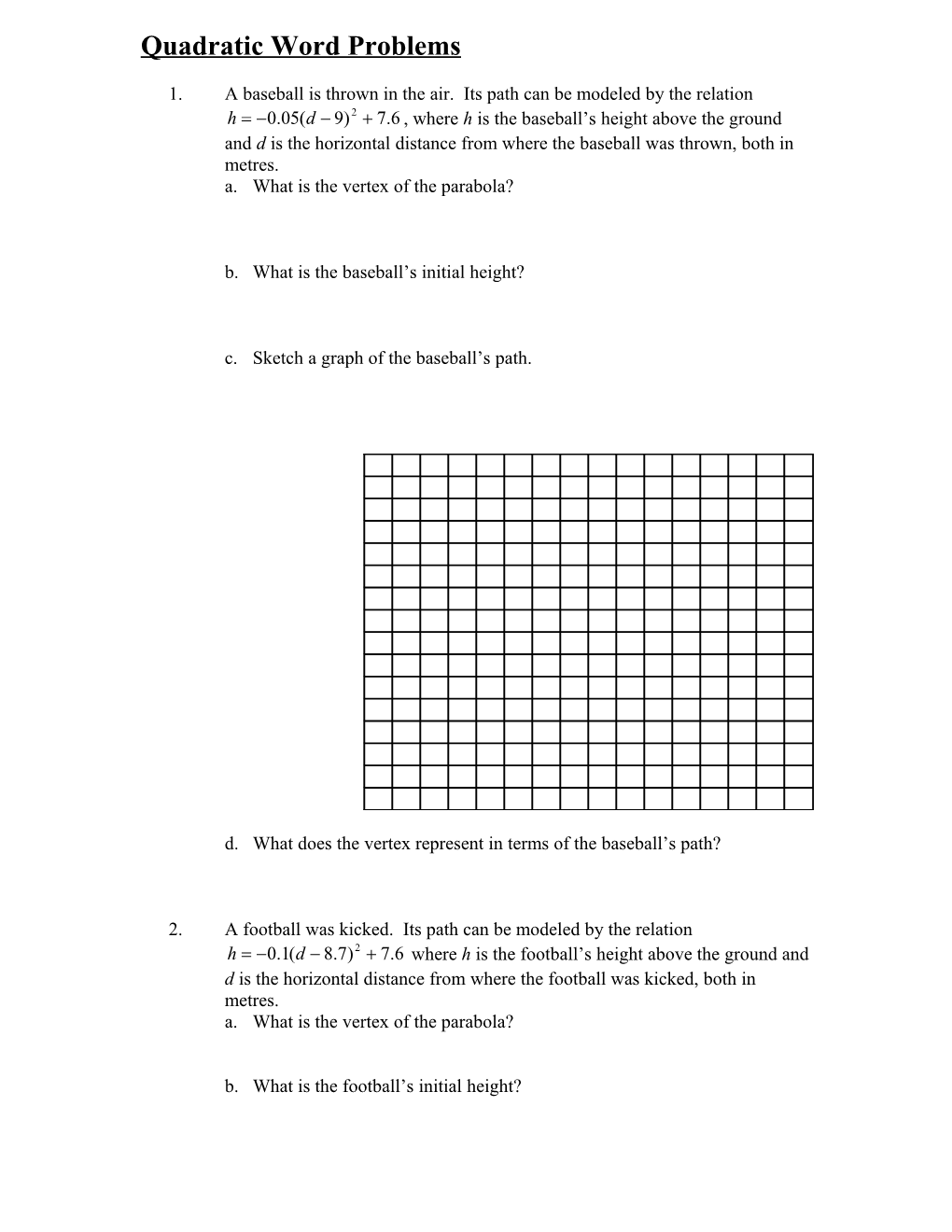 Quadratic Word Problems