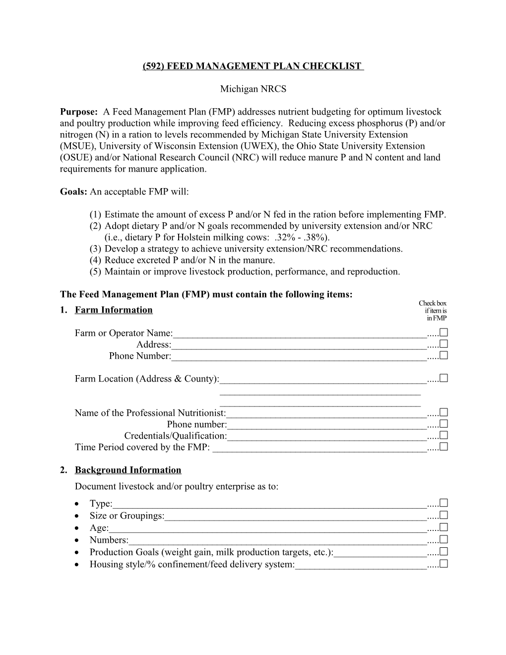 (592) Feed Management Plan Job Sheet