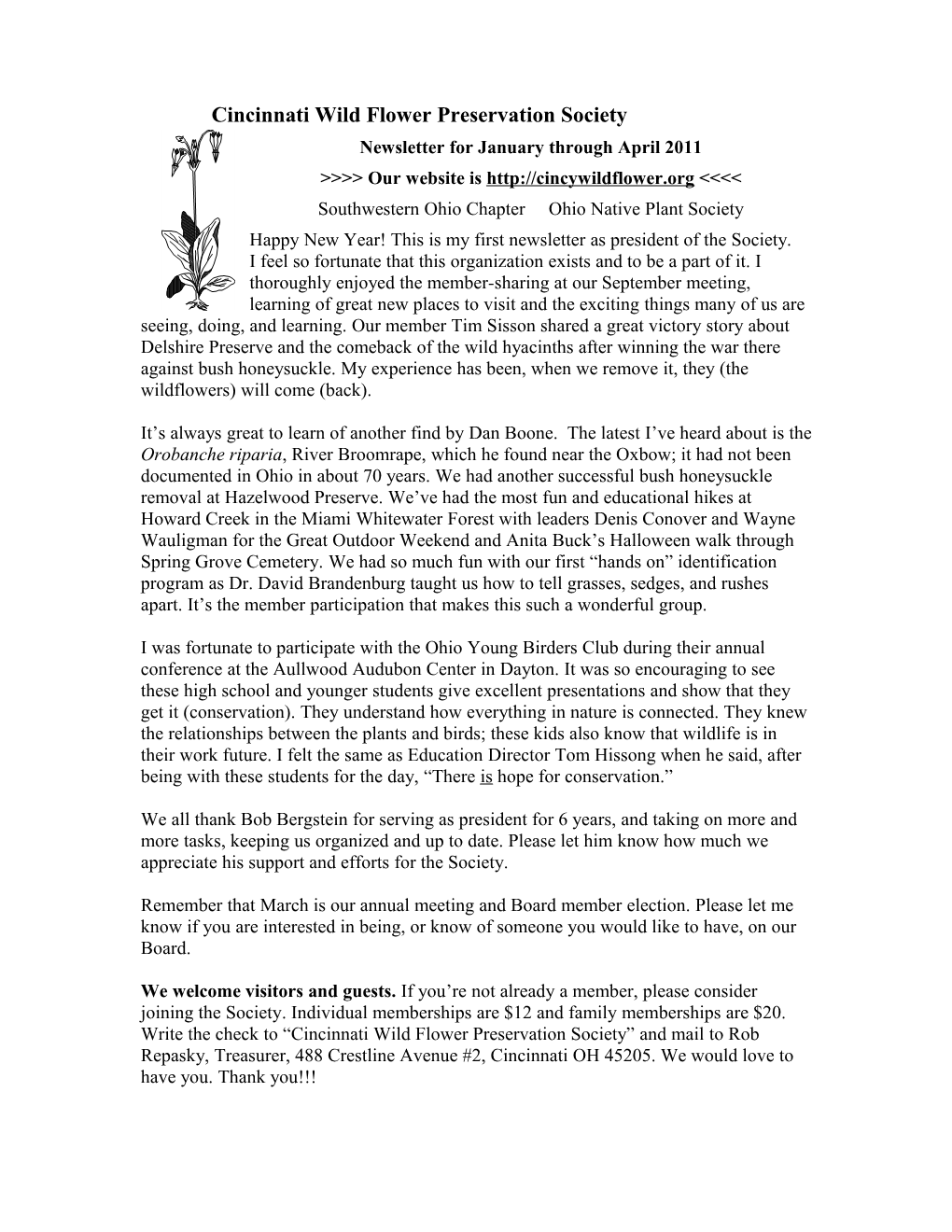 Cincinnati Wild Flower Newsletter Jan 2011 s1